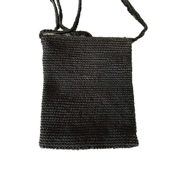 Ladies black woven Crossbody handbag w/beaded flowers on front Zip Closure - Picture 6 of 9